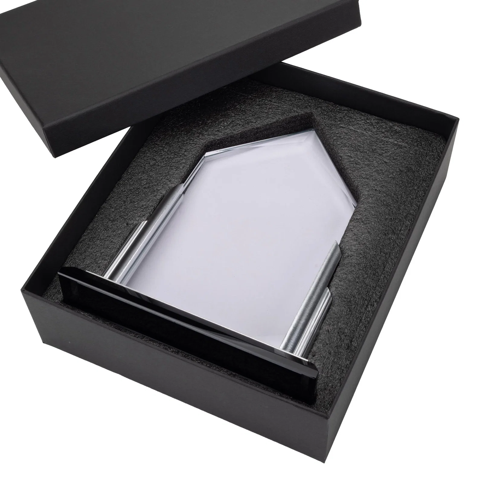 Custom Starfire Crystal Pentagon Award with Silver Accent Pillars for retirement presentations