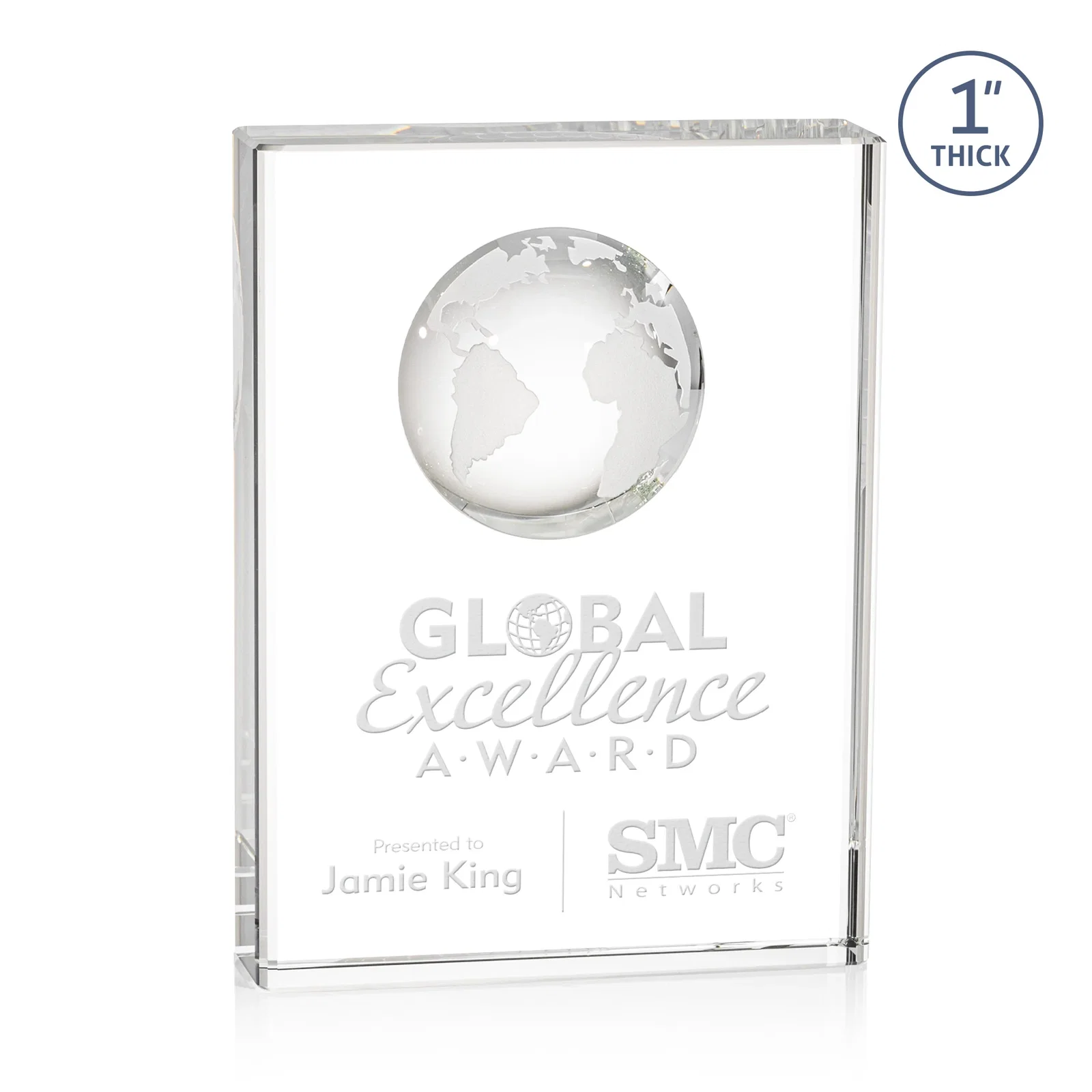 Custom Optical Crystal Globe Award With Molded 3D Back Panel for retirement presentations