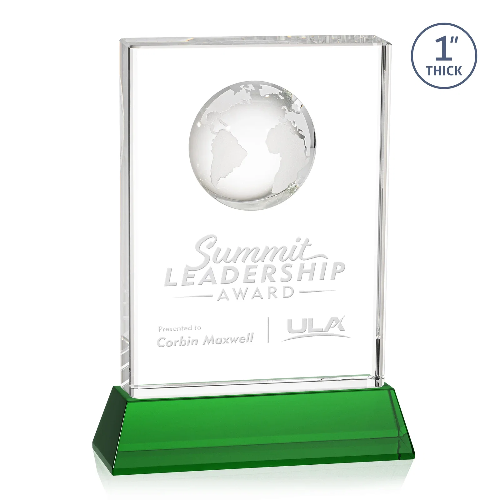 Personalized Optical Crystal Globe Award on a Tall Tapered Base for sales achievement awards