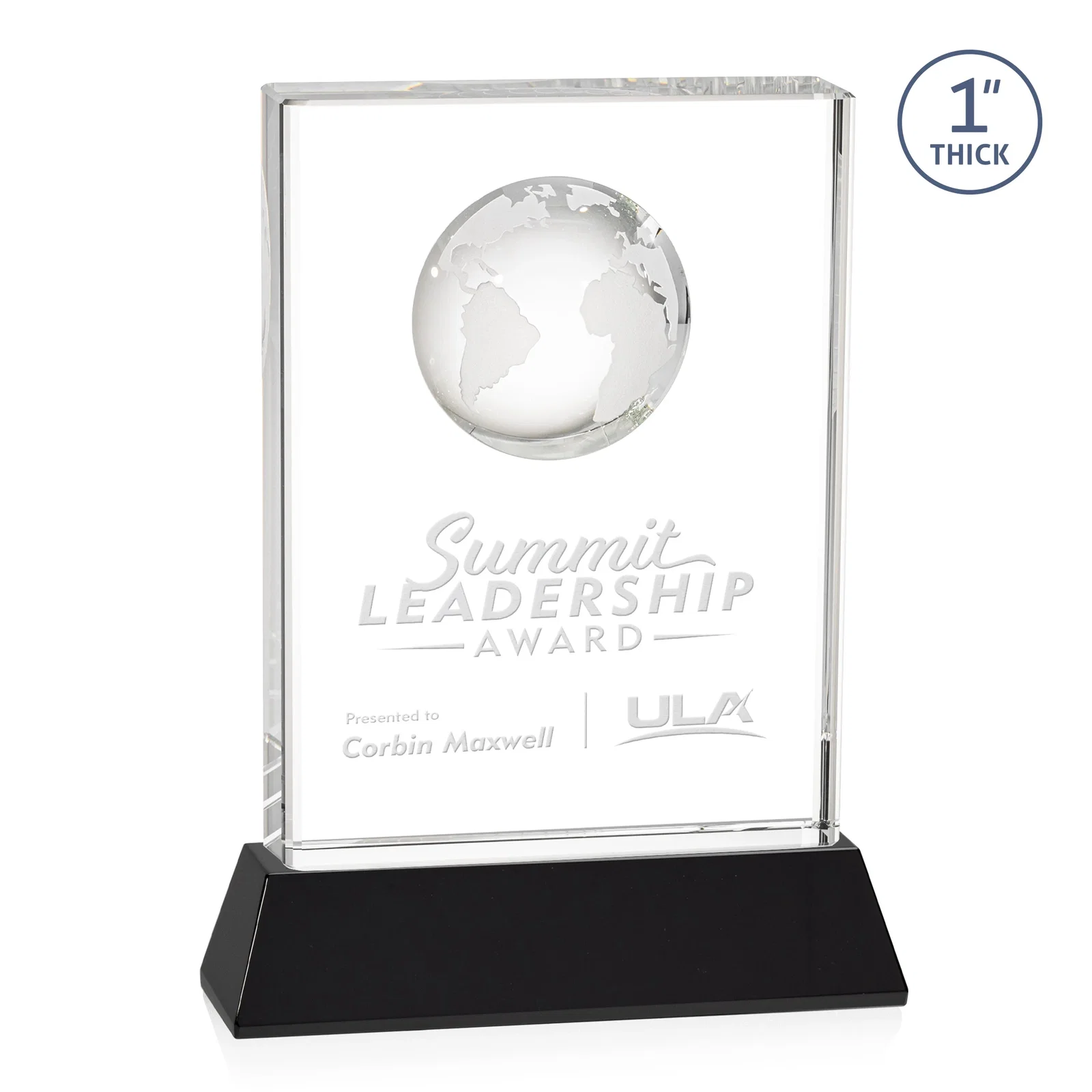 Personalized Optical Crystal Globe Award on a Tall Tapered Base for safety achievement programs