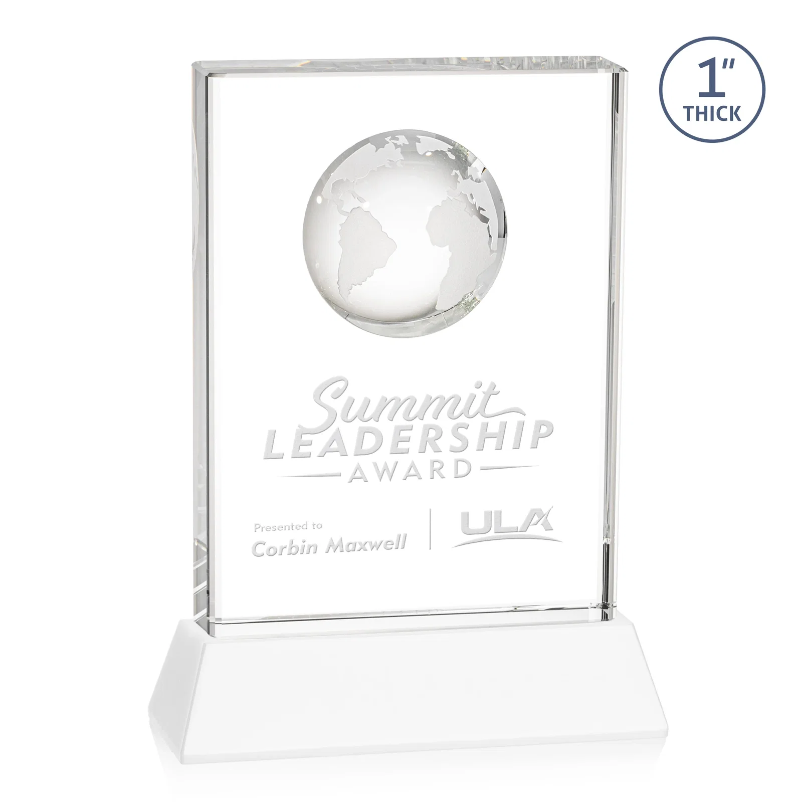 Branded Optical Crystal Globe Award on a Tall Tapered Base for retirement presentations