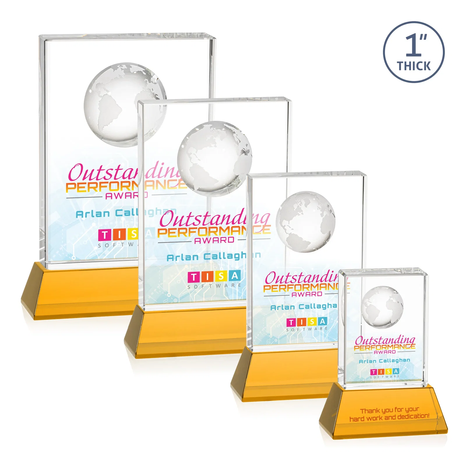 Branded Optical Crystal Globe Award on a Tall Tapered Base for team milestone celebrations