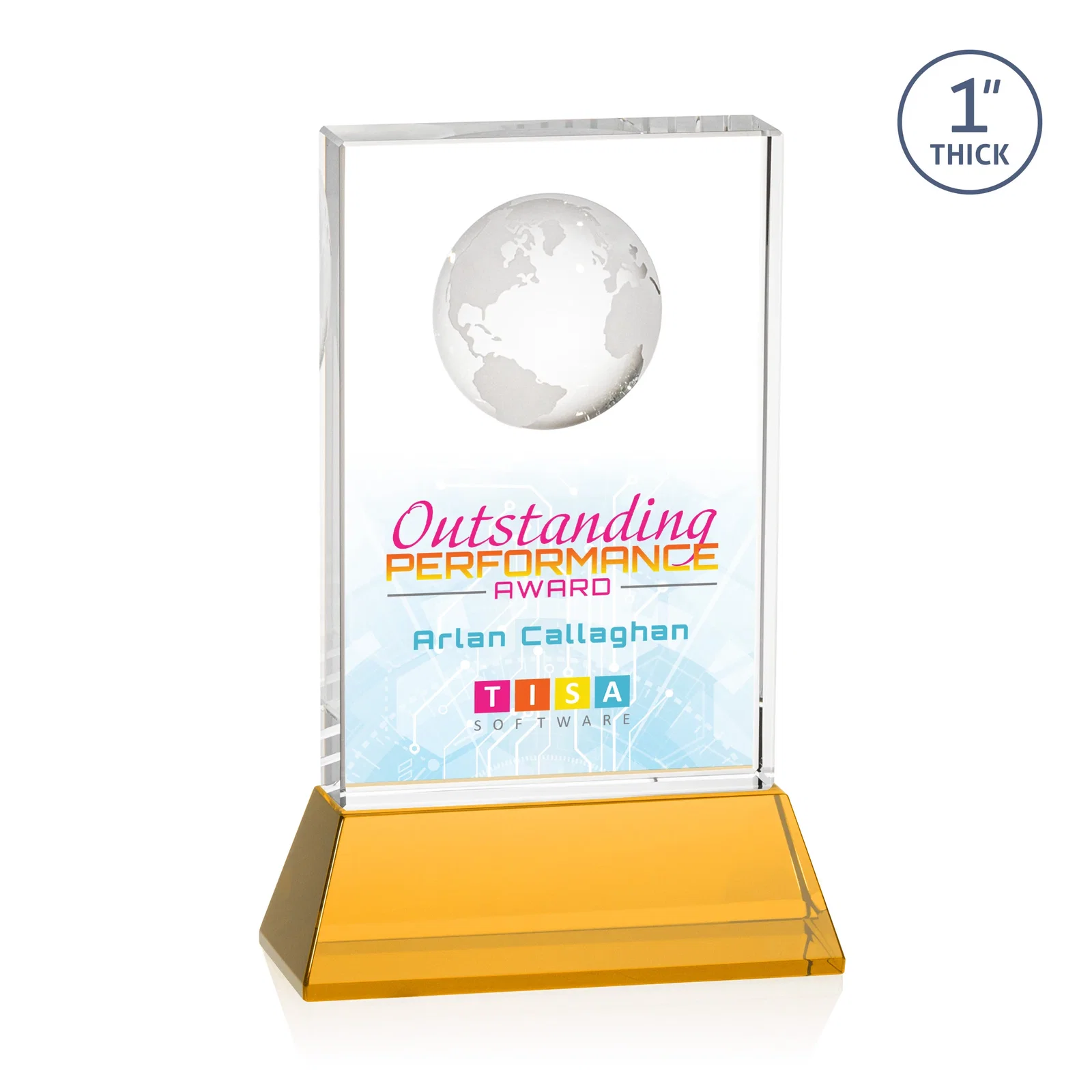 Branded Optical Crystal Globe Award on a Tall Tapered Base for graduation ceremonies