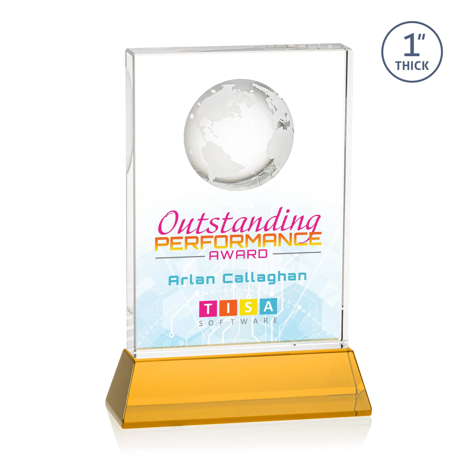 Branded Optical Crystal Globe Award on a Tall Tapered Base for safety achievement programs