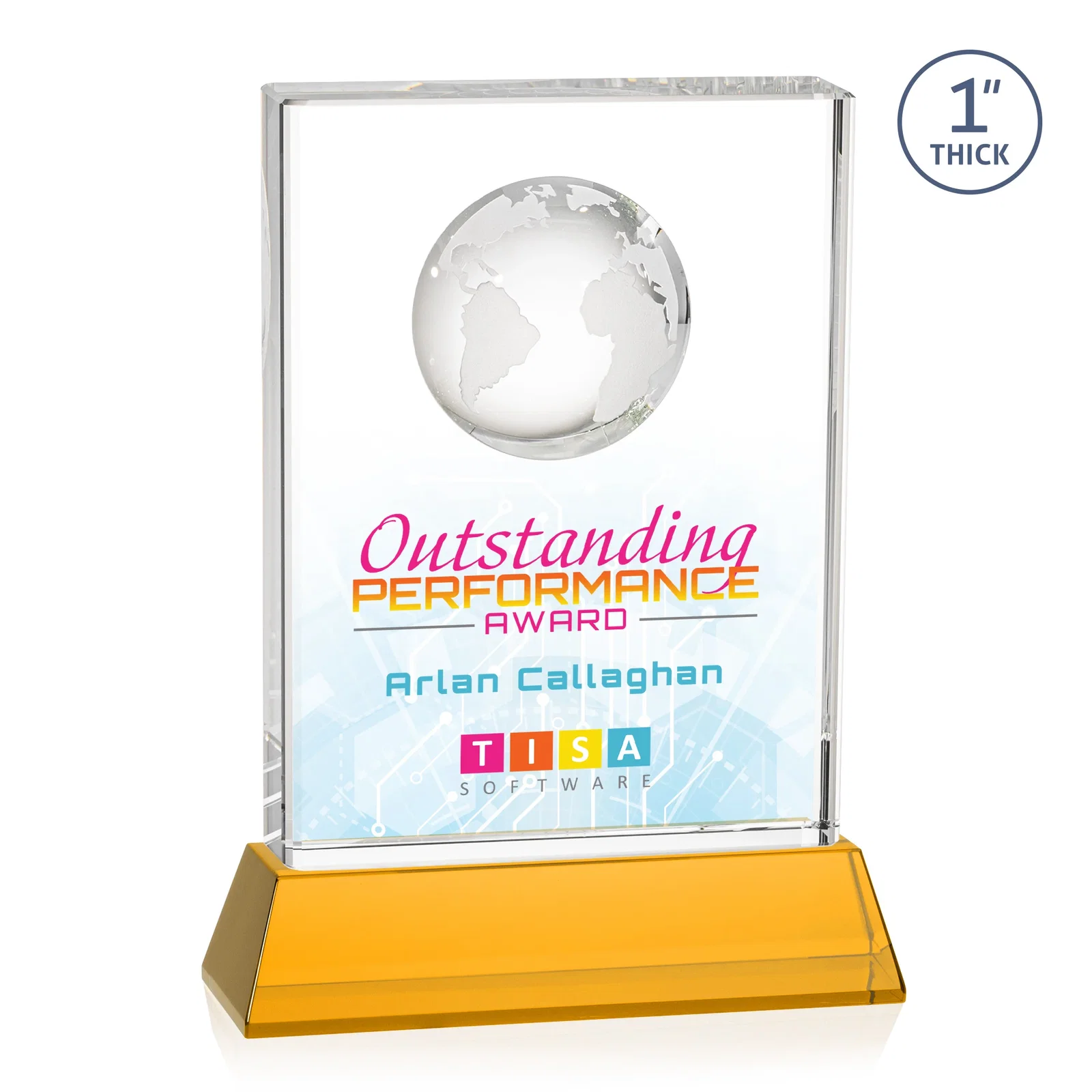 Branded Optical Crystal Globe Award on a Tall Tapered Base for volunteer appreciation