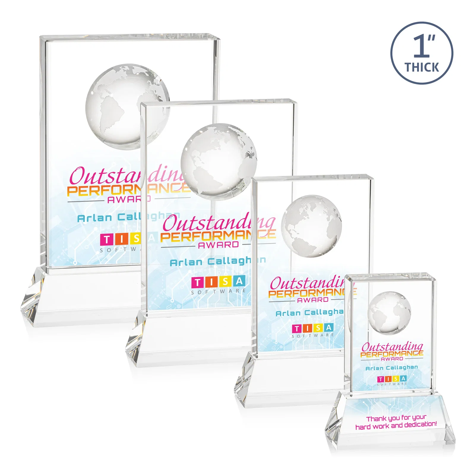 Branded Optical Crystal Globe Award on a Tall Tapered Base for dealer and partner awards