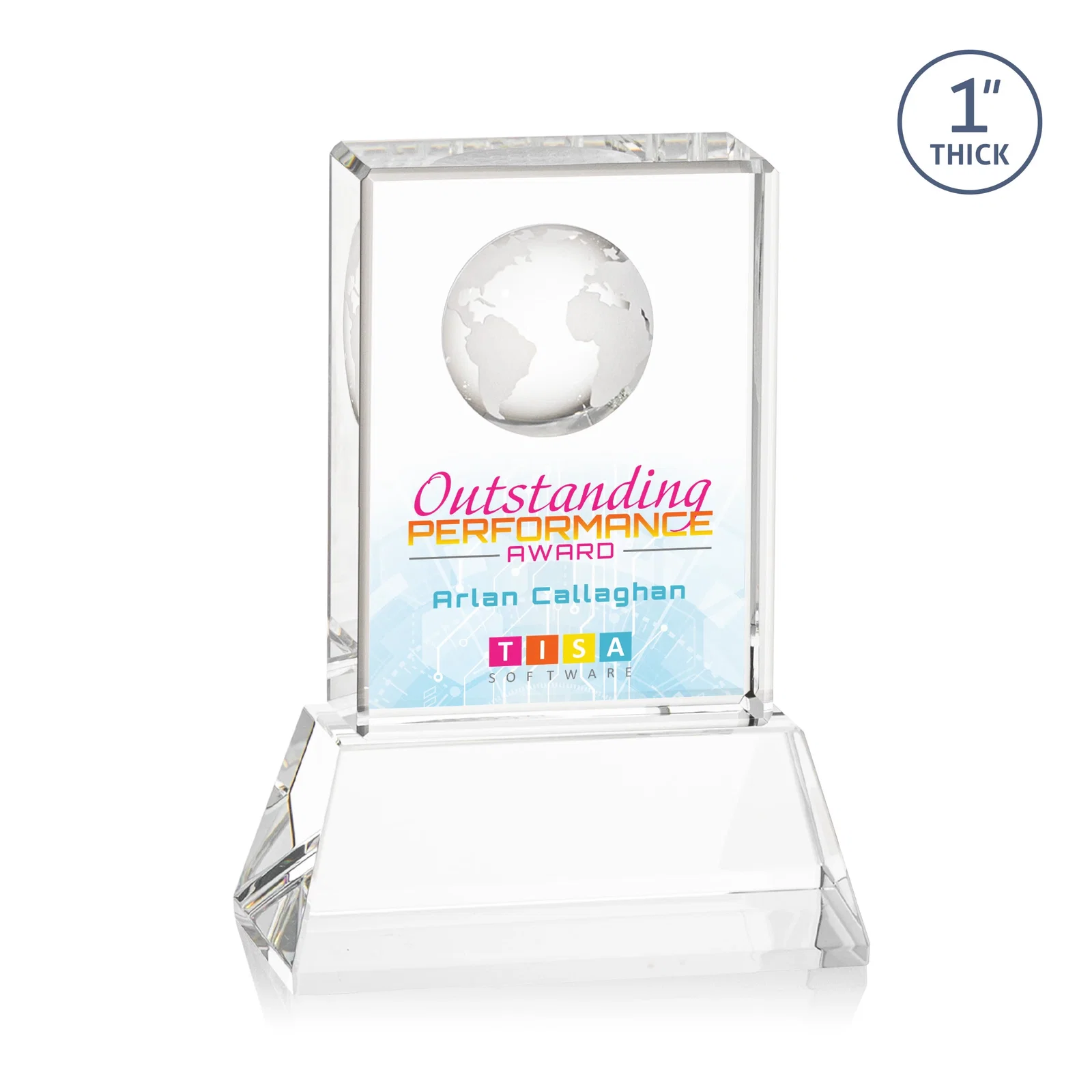 Branded Optical Crystal Globe Award on a Tall Tapered Base for company anniversary events