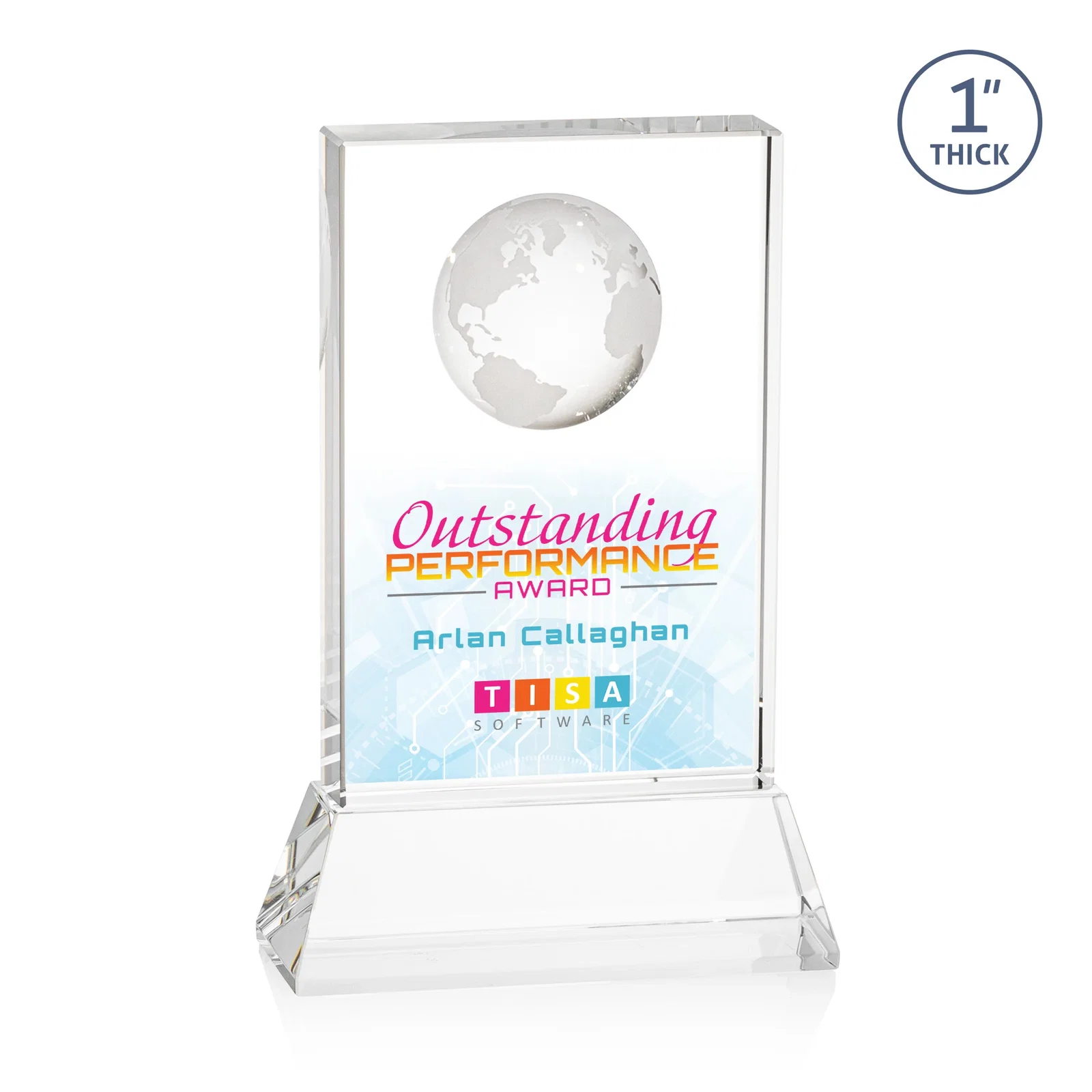 Custom printed Optical Crystal Globe Award on a Tall Tapered Base for employee recognition
