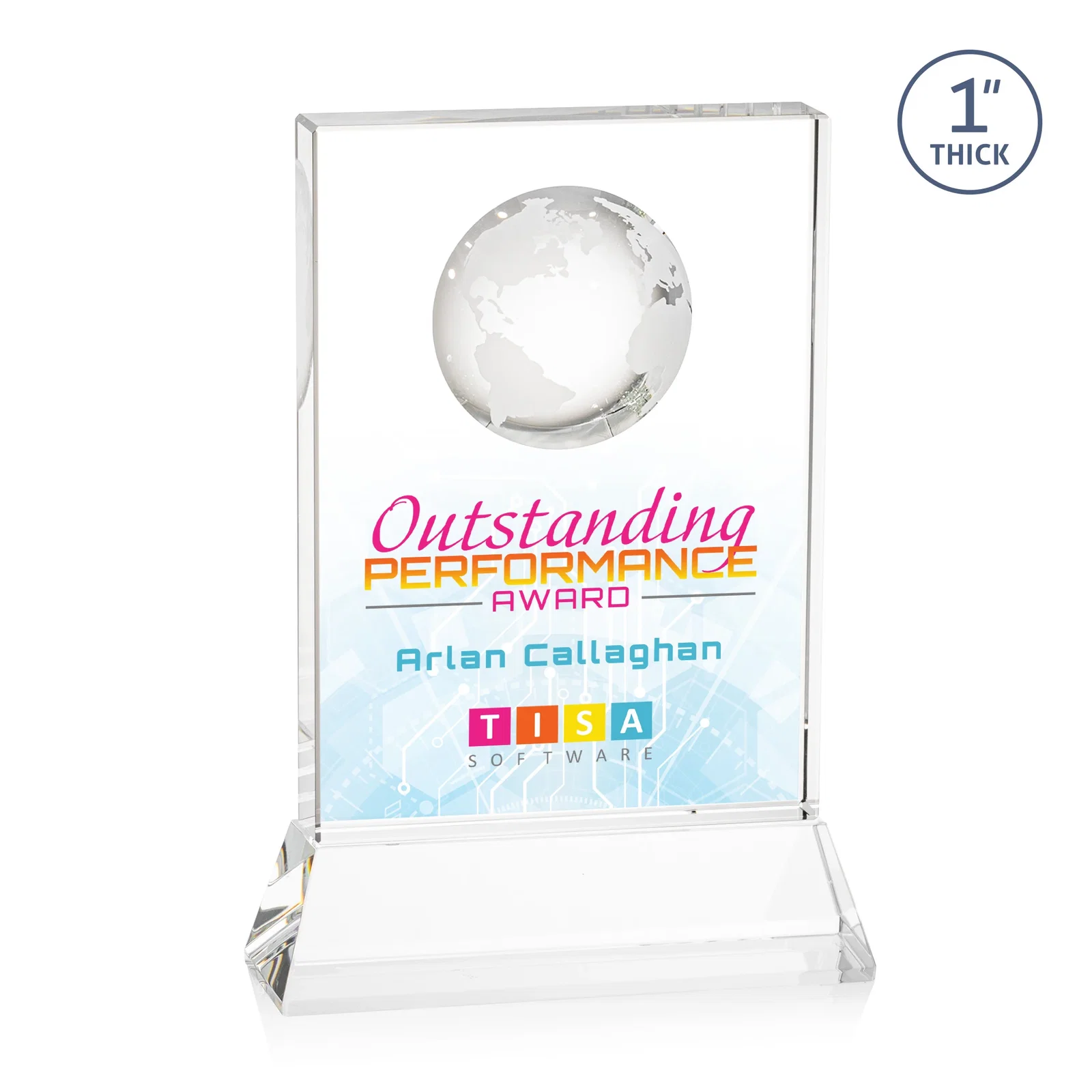 Custom printed Optical Crystal Globe Award on a Tall Tapered Base for corporate award ceremonies