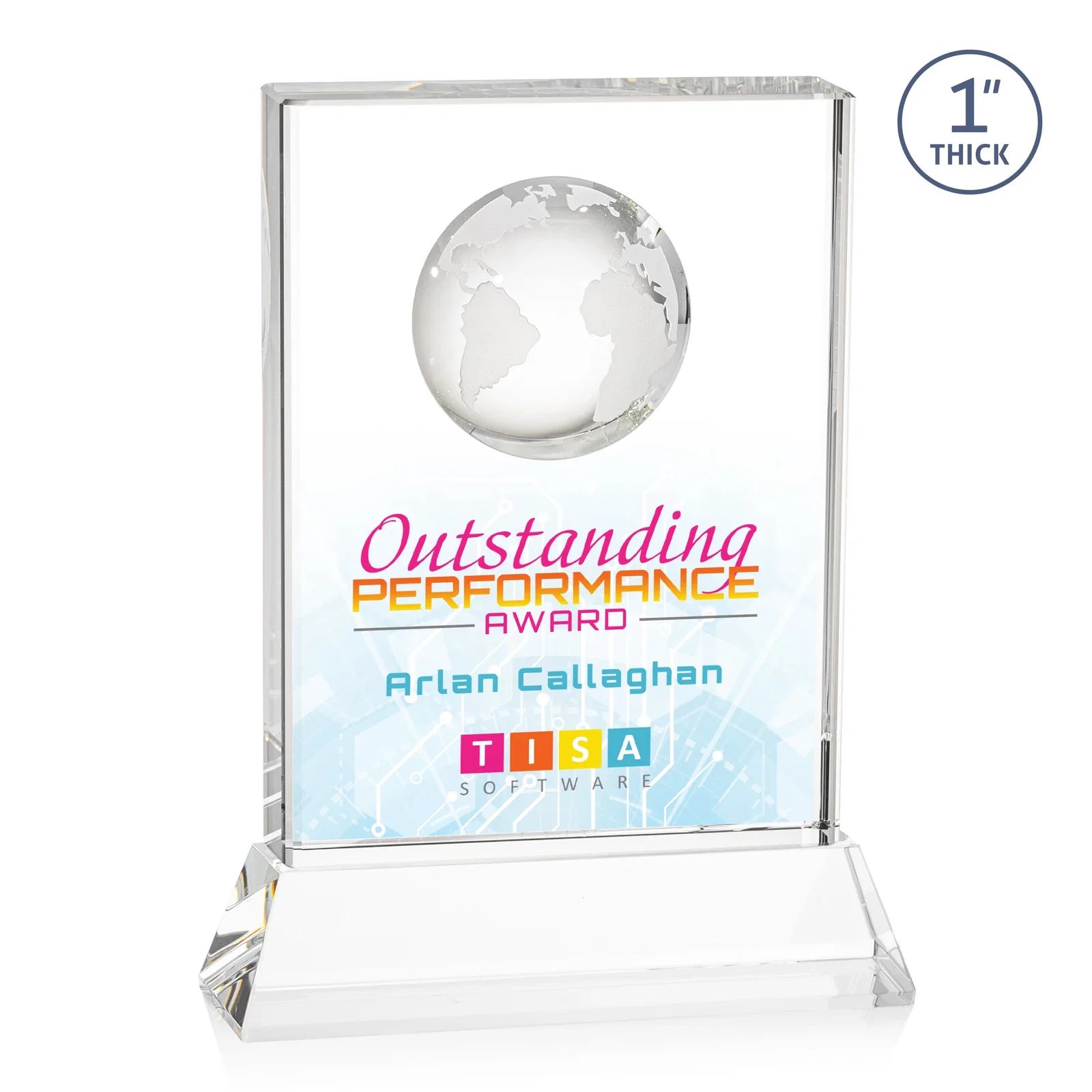 Custom printed Optical Crystal Globe Award on a Tall Tapered Base for service anniversary gifts