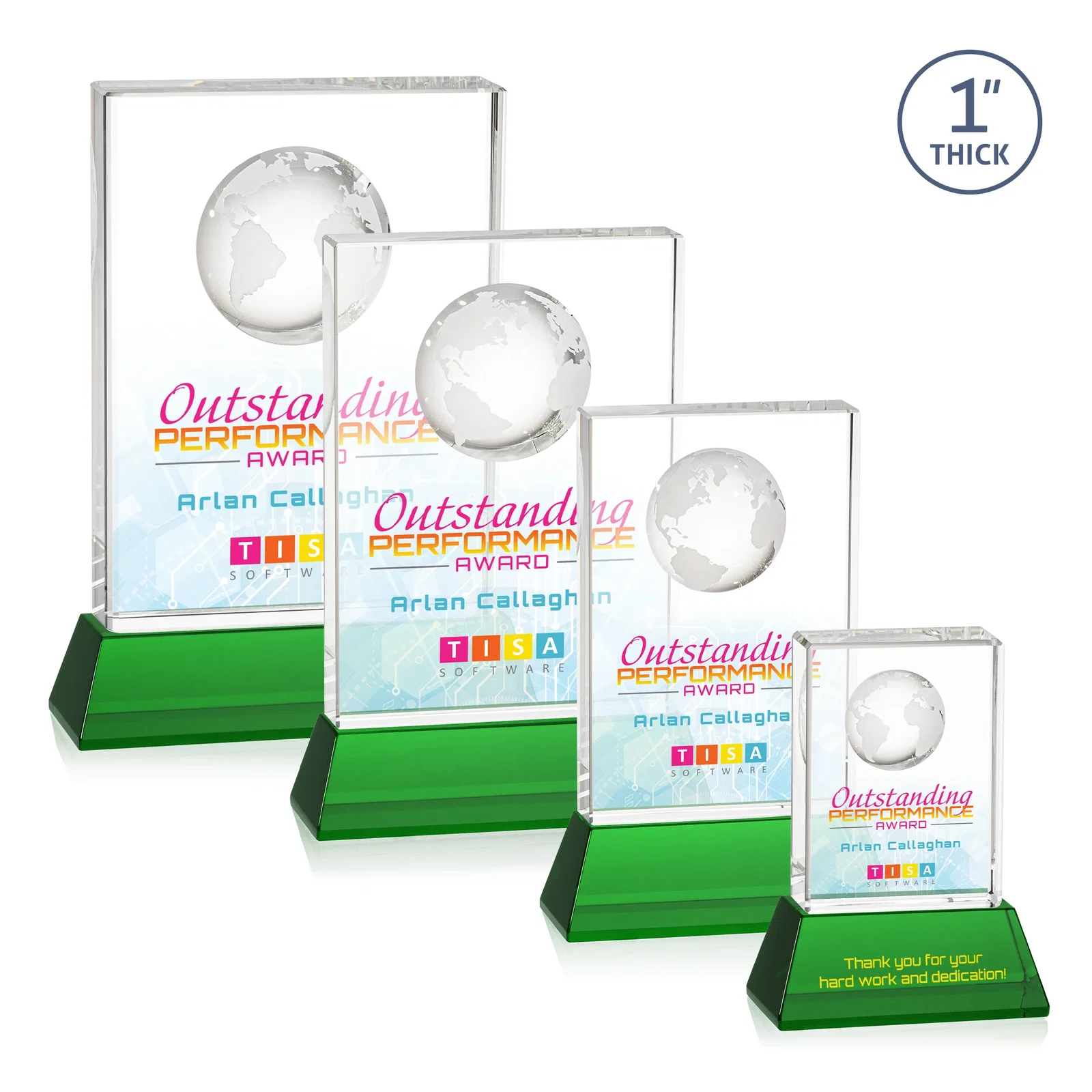 Custom printed Optical Crystal Globe Award on a Tall Tapered Base for sales achievement awards