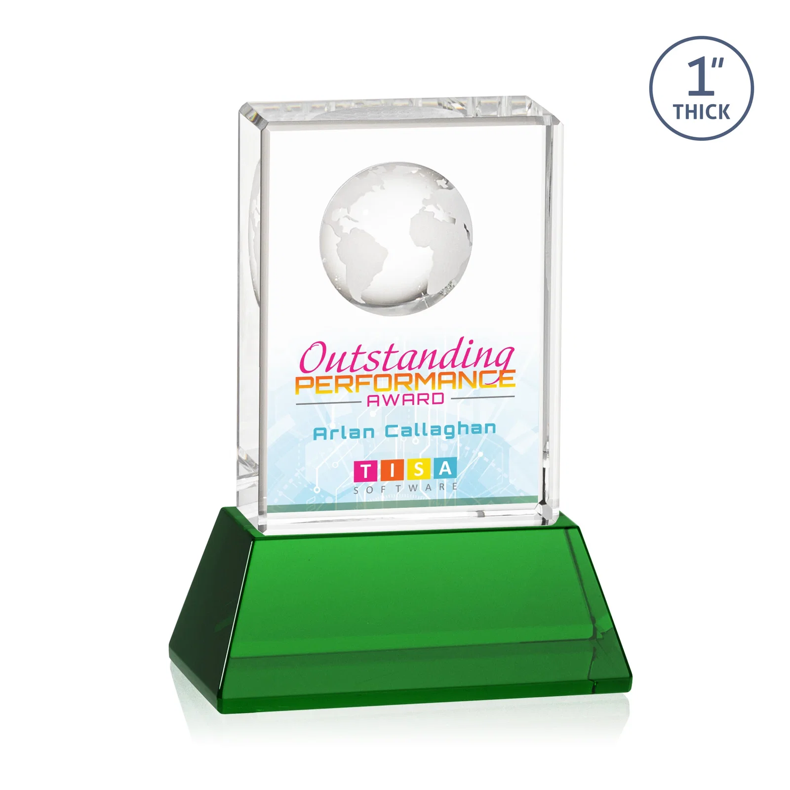 Custom printed Optical Crystal Globe Award on a Tall Tapered Base for retirement presentations