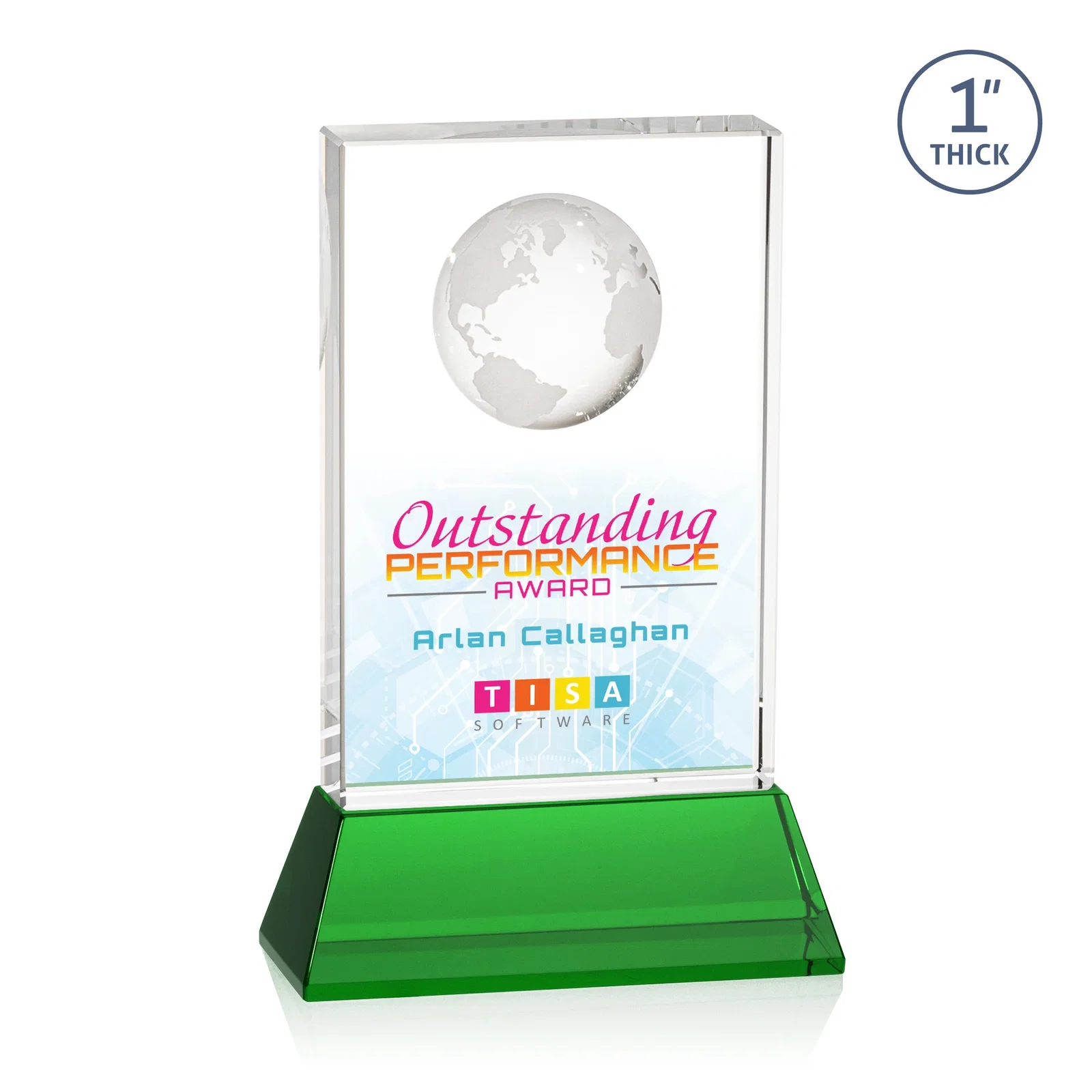 Custom printed Optical Crystal Globe Award on a Tall Tapered Base for team milestone celebrations