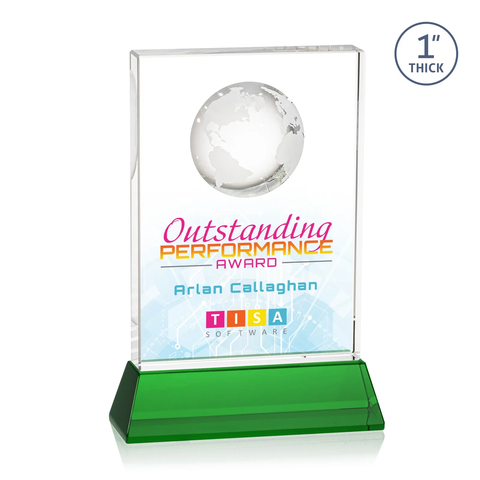 Custom printed Optical Crystal Globe Award on a Tall Tapered Base for donor appreciation