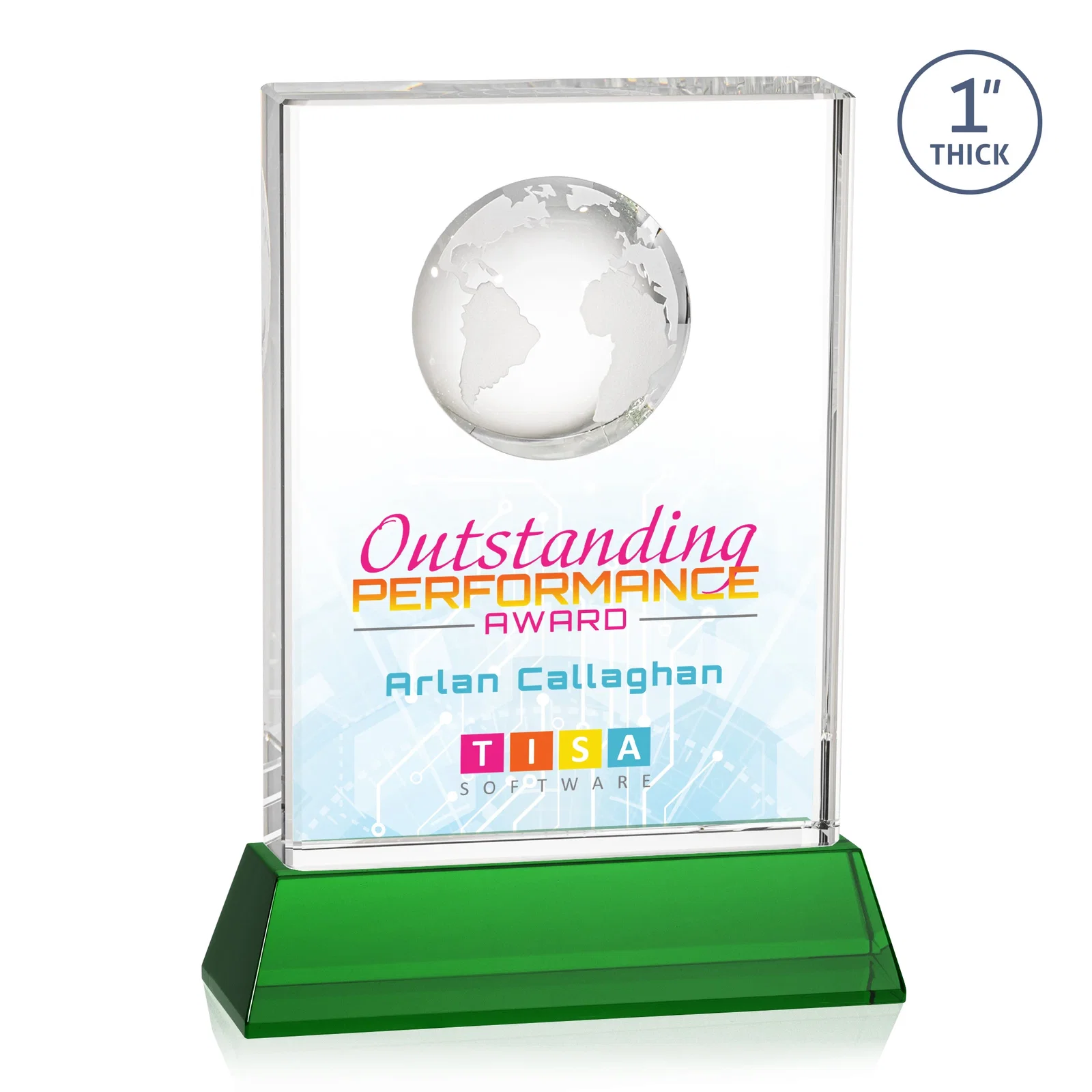 Custom printed Optical Crystal Globe Award on a Tall Tapered Base for graduation ceremonies