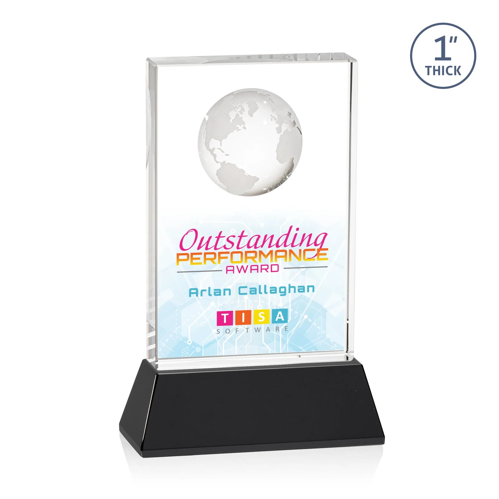 Custom printed Optical Crystal Globe Award on a Tall Tapered Base for dealer and partner awards