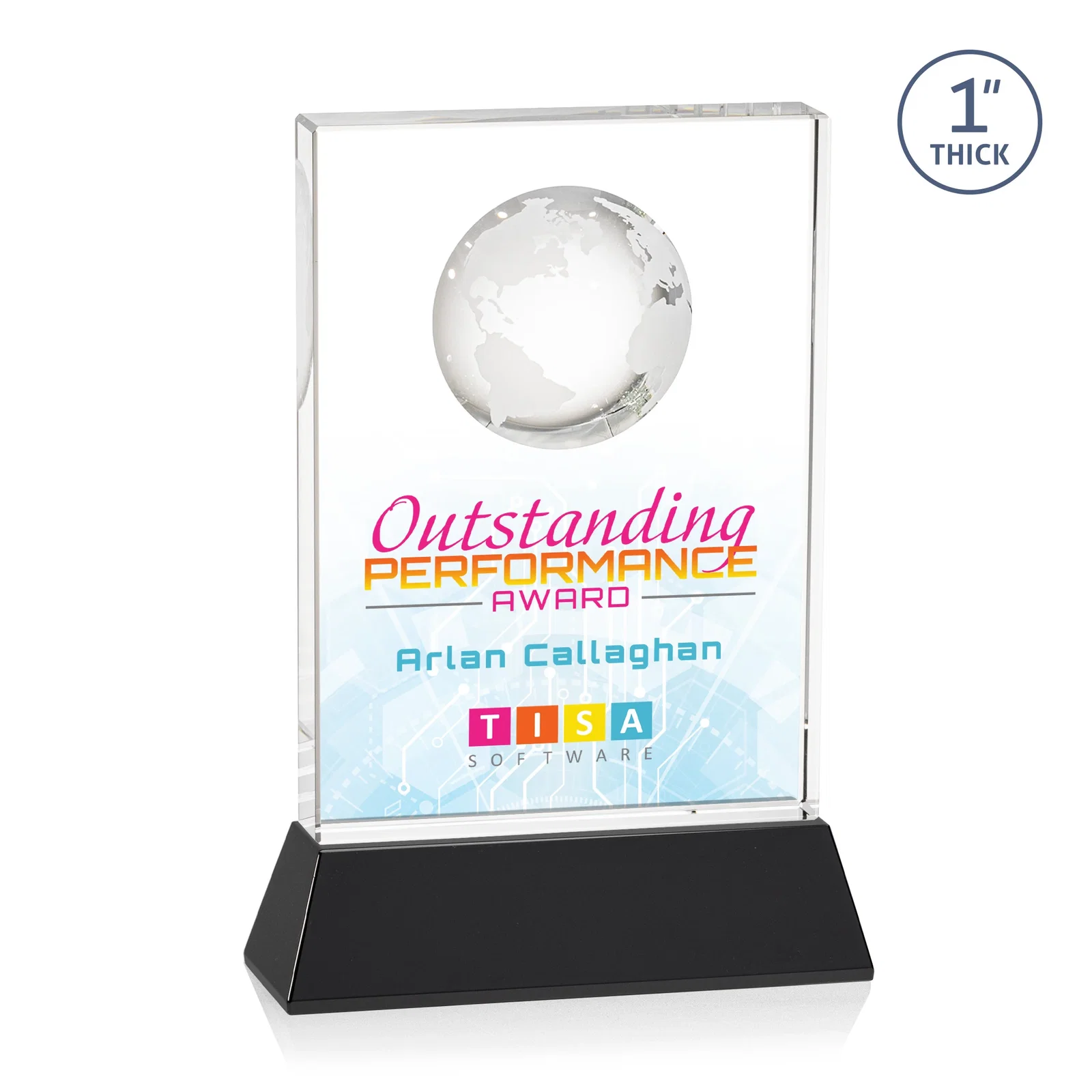 Custom printed Optical Crystal Globe Award on a Tall Tapered Base for company anniversary events