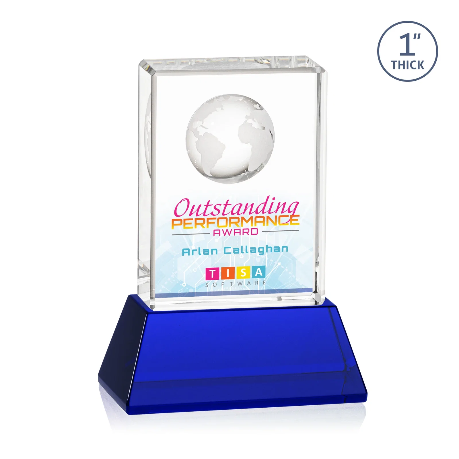 Customized Optical Crystal Globe Award on a Tall Tapered Base for service anniversary gifts