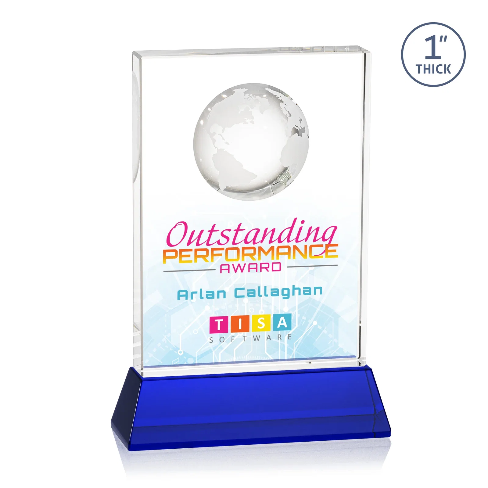 Customized Optical Crystal Globe Award on a Tall Tapered Base for retirement presentations