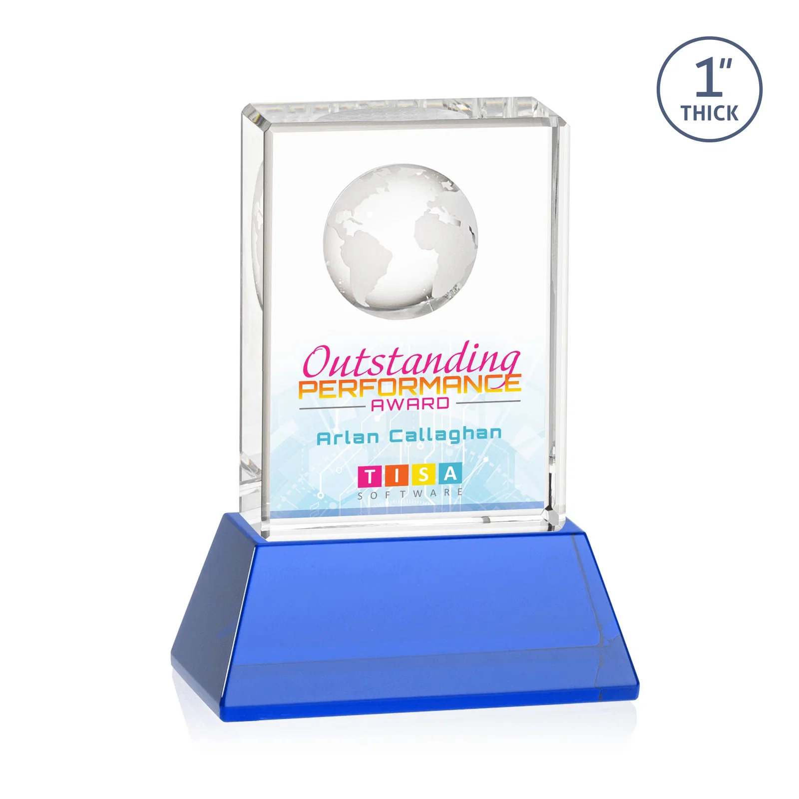 Custom engraved Optical Crystal Globe Award on a Tall Tapered Base for employee recognition