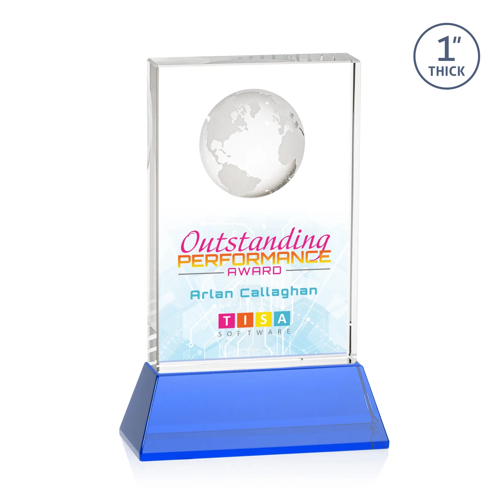Custom engraved Optical Crystal Globe Award on a Tall Tapered Base for corporate award ceremonies