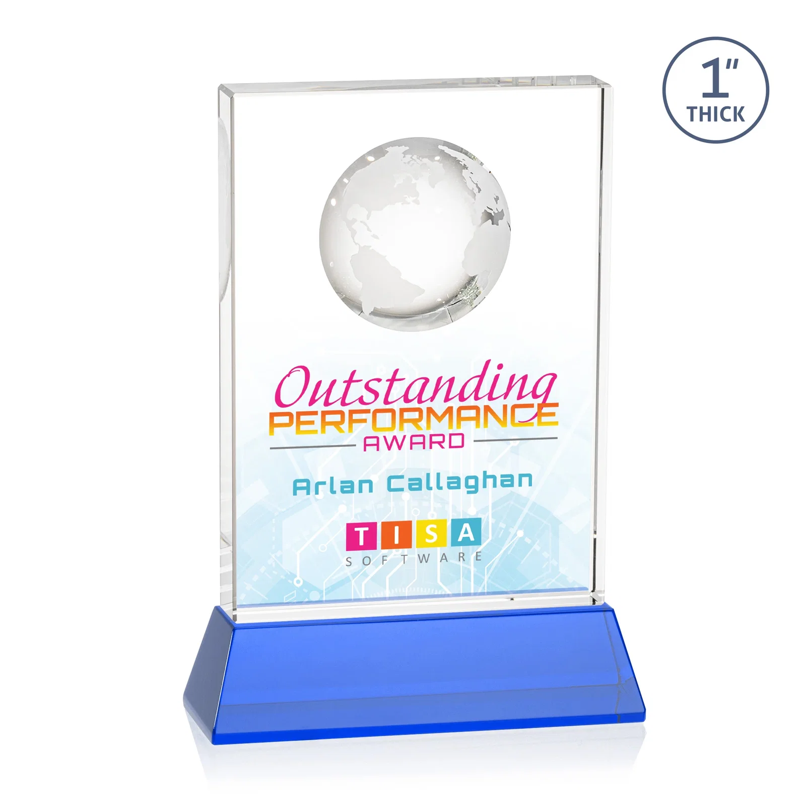 Custom engraved Optical Crystal Globe Award on a Tall Tapered Base for service anniversary gifts