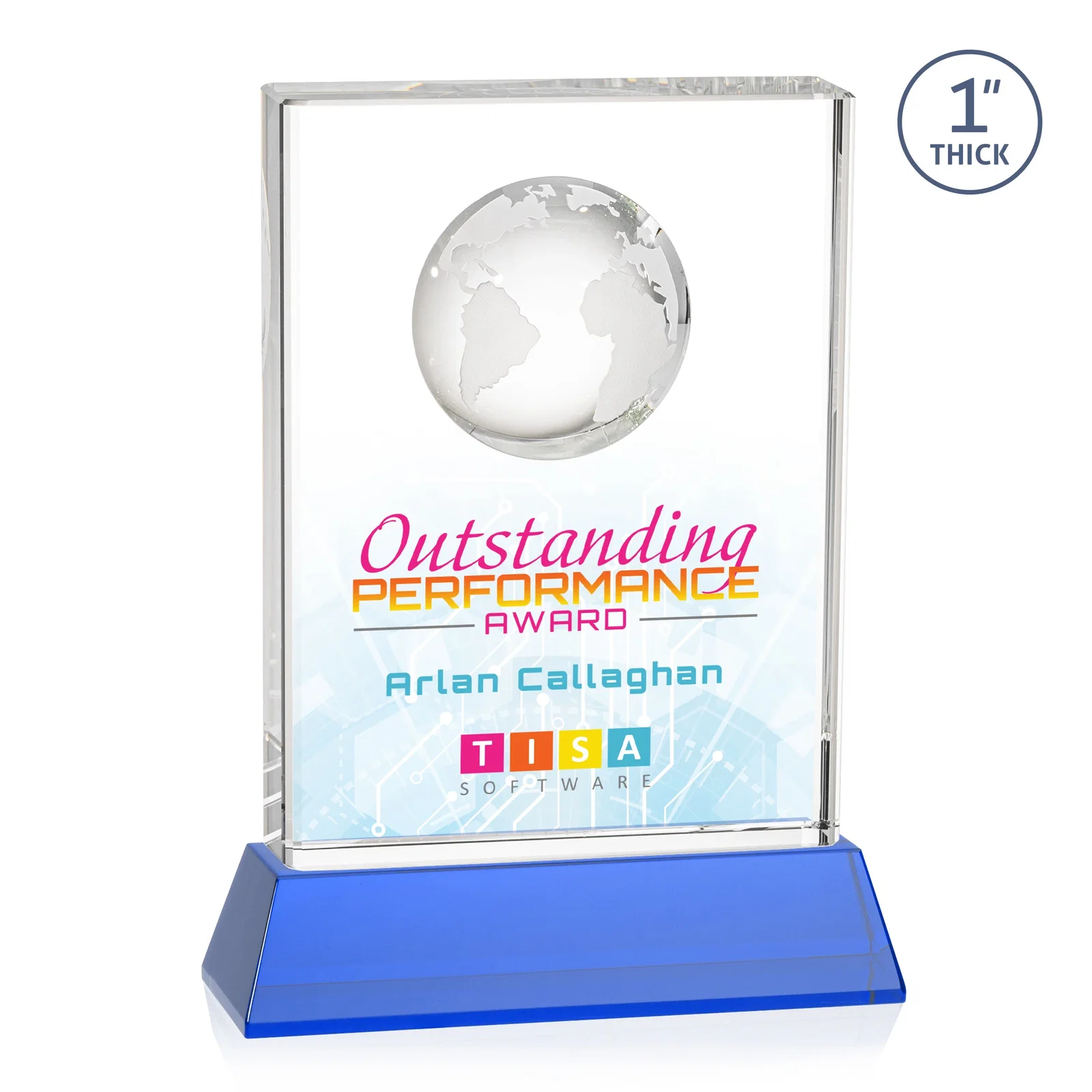 Custom engraved Optical Crystal Globe Award on a Tall Tapered Base for sales achievement awards