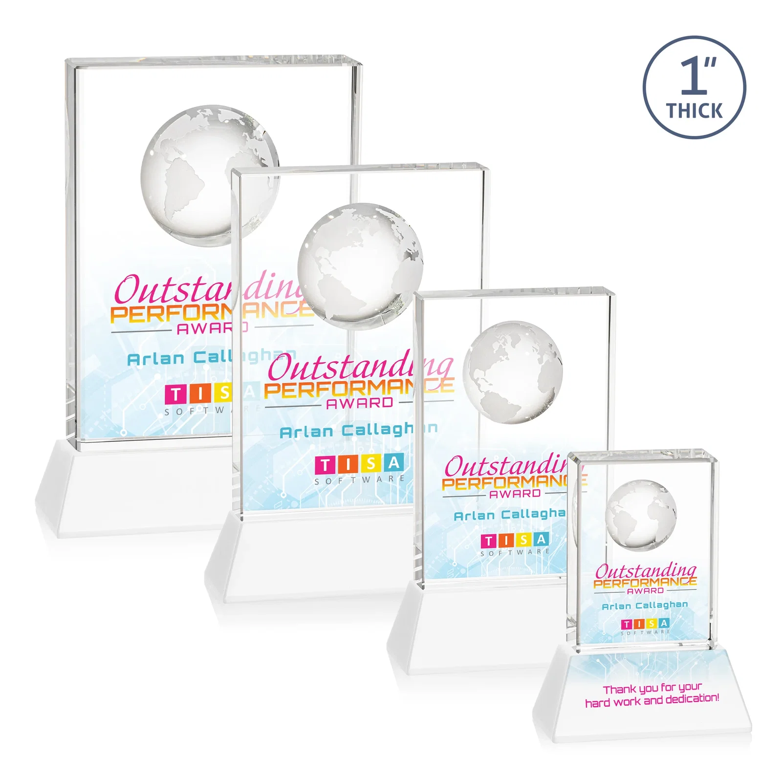 Custom engraved Optical Crystal Globe Award on a Tall Tapered Base for retirement presentations