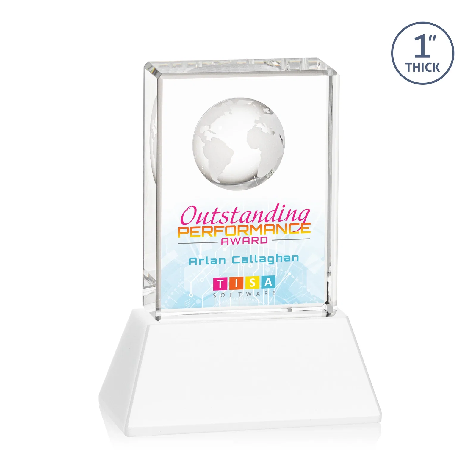 Custom engraved Optical Crystal Globe Award on a Tall Tapered Base for team milestone celebrations