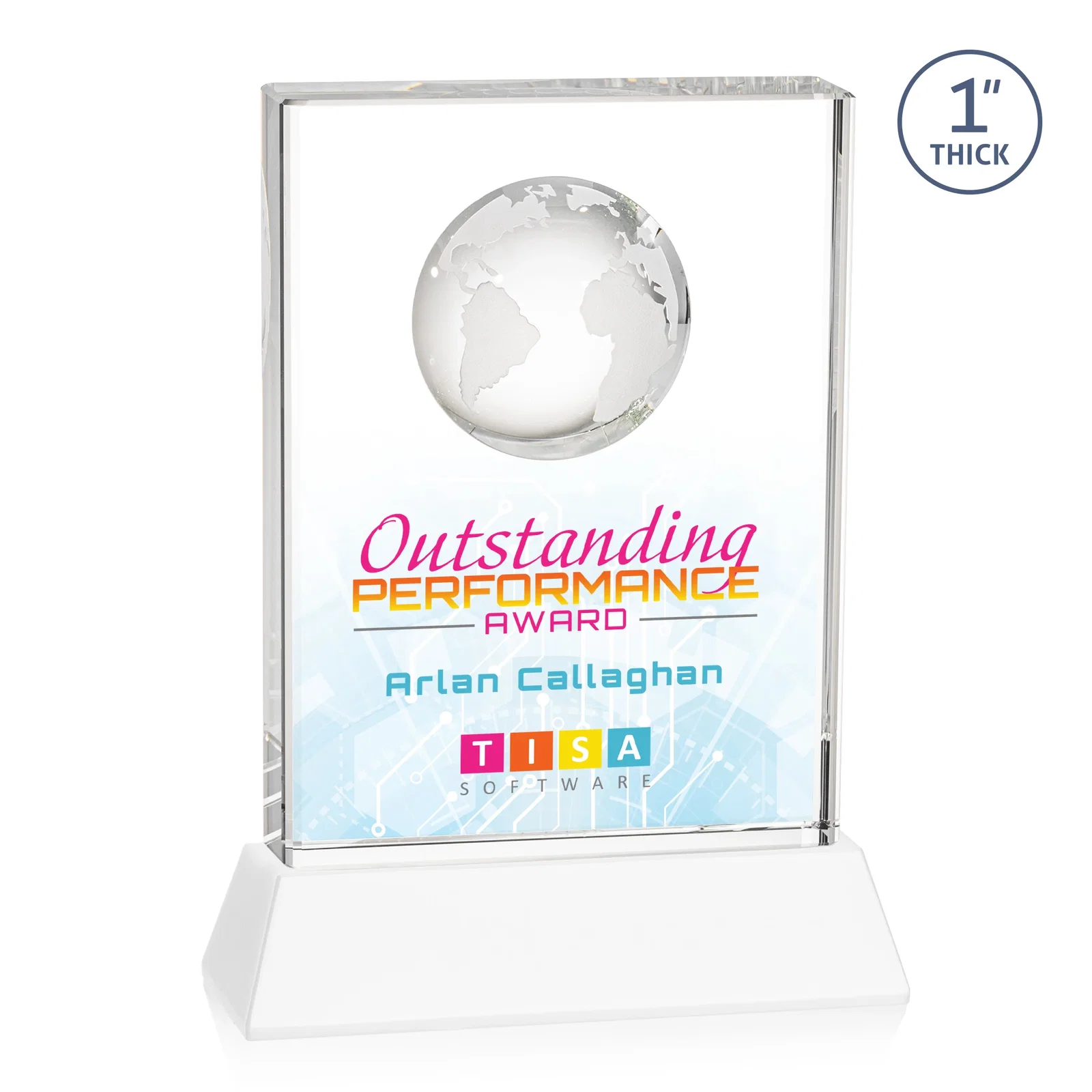 Custom engraved Optical Crystal Globe Award on a Tall Tapered Base for safety achievement programs