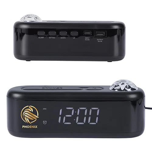 Custom branded Ambiance ceiling-projection alarm clock, front view of promotional desk clock display
