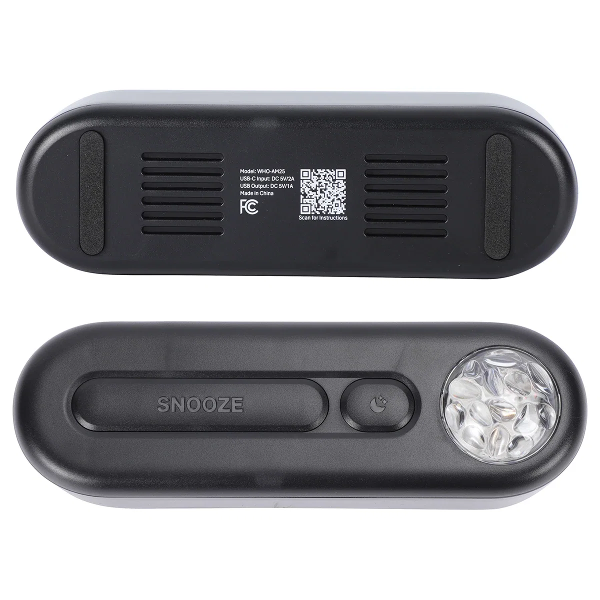 Close-up of custom Ambiance projection alarm clock controls, branded promotional desk clock detail