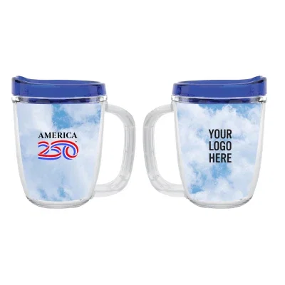 Twelve-ounce Tritan coffee mug topped with a matching lid