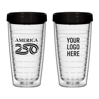 Clear double wall tumbler standing upright at six inches tall