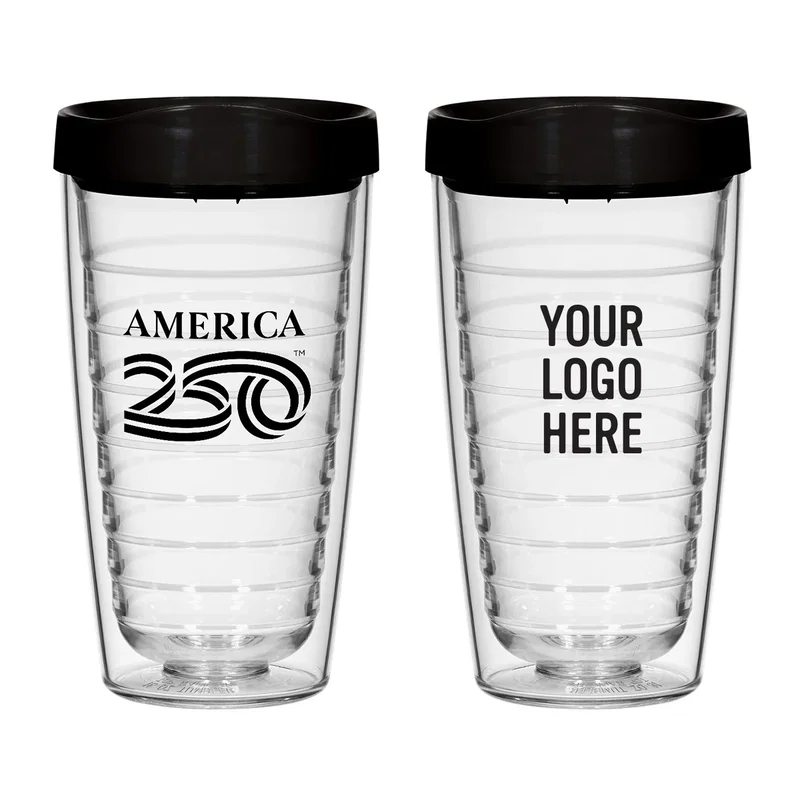 Angled view of the insulated cup and its fitted lid