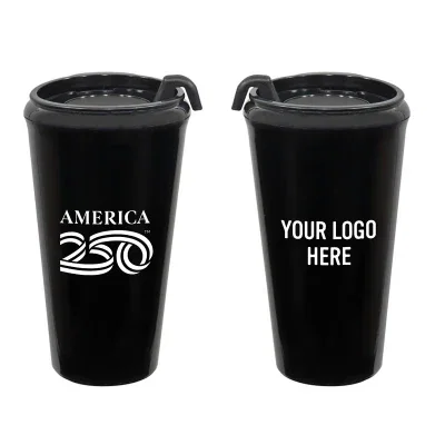 Black tumbler with 16 ounce capacity, measuring 7 inches in height
