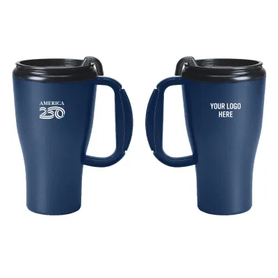 Blue travel mug fitted with a slider lid, 16 ounce size