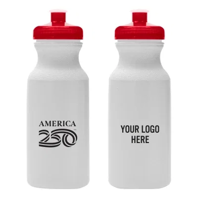 White hydration water bottle shown upright at 8 inches, holding 20 ounces