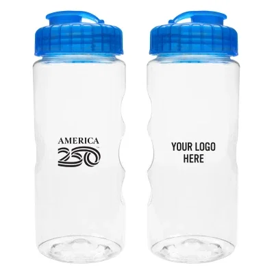 Clear sports bottle topped with a blue lid, standing 7 inches tall