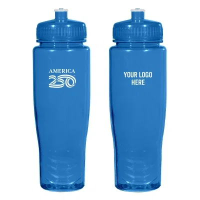 Translucent blue sports bottle holding 28 ounces, roughly 9 inches high