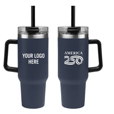 America250 stainless steel tumbler holding 40 ounces, ten inches tall.