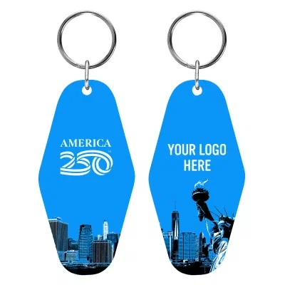 White acrylic motel key tag marking the America250 anniversary