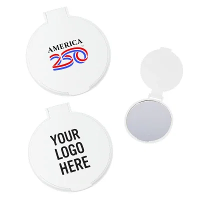 Round white compact mirror measuring just over two inches