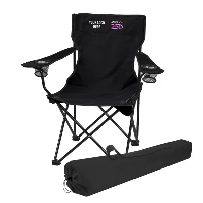 Black folding chair with its matching carrying bag, set up and open