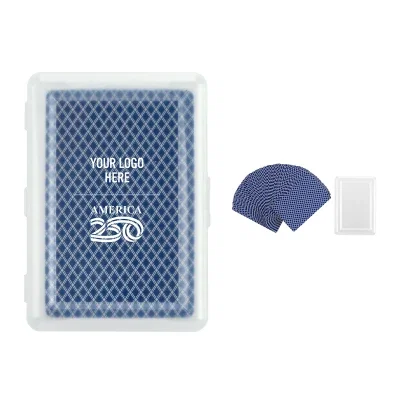 Deck of playing cards beside its blue storage case