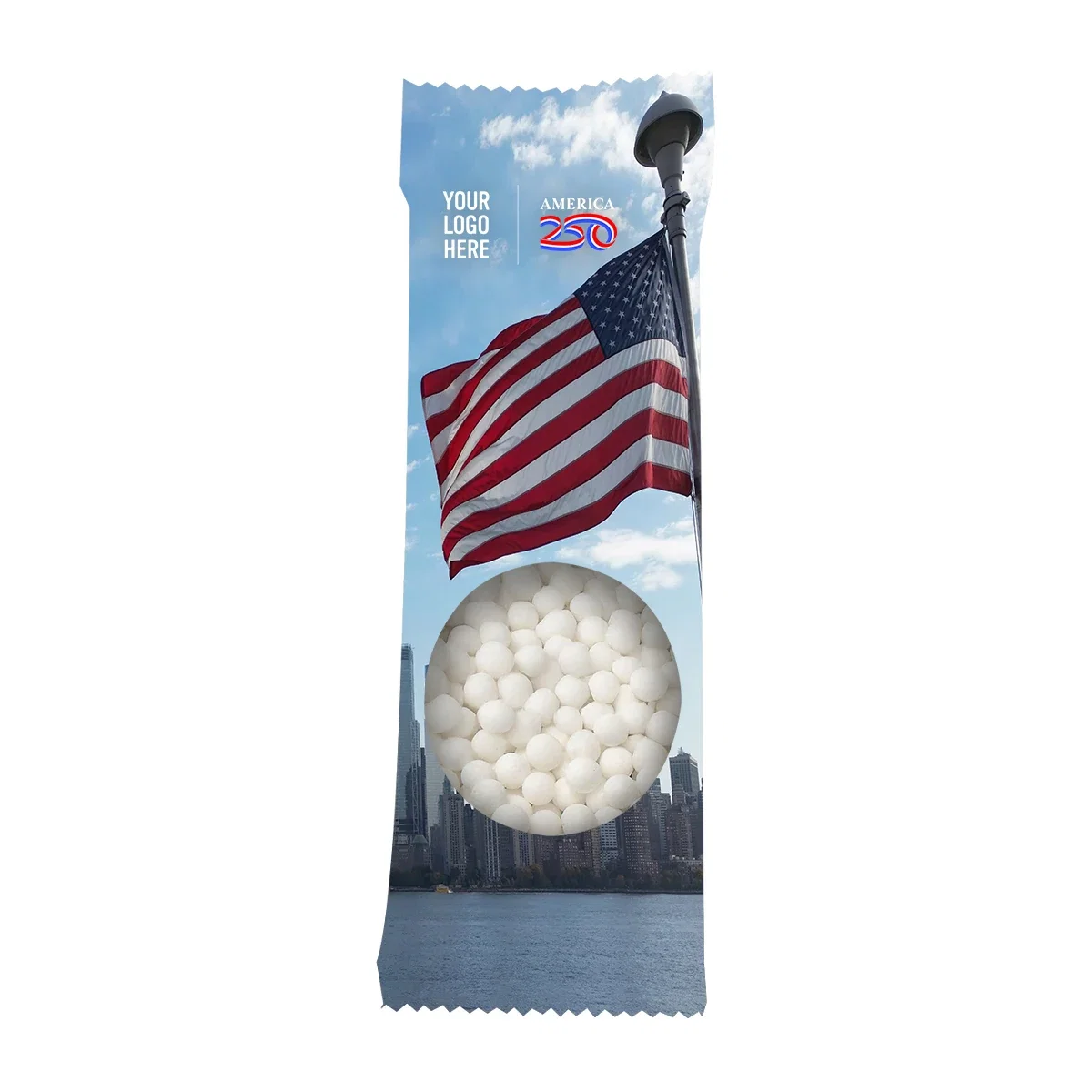 Front of the tall candy pouch showing its printable white panel