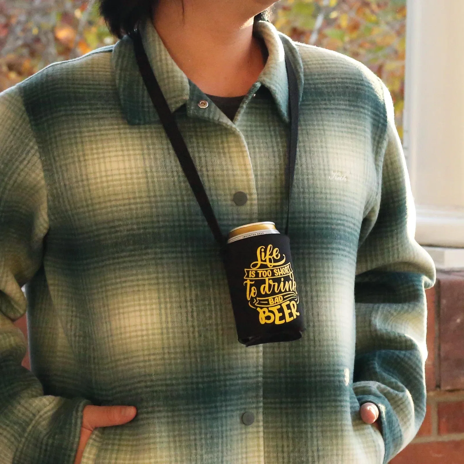 American Made Hands Free Can Cooler being worn