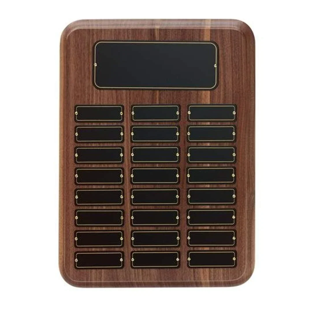 Custom Walnut Perpetual Plaque With 24 Radius-Corner Plates for employee recognition