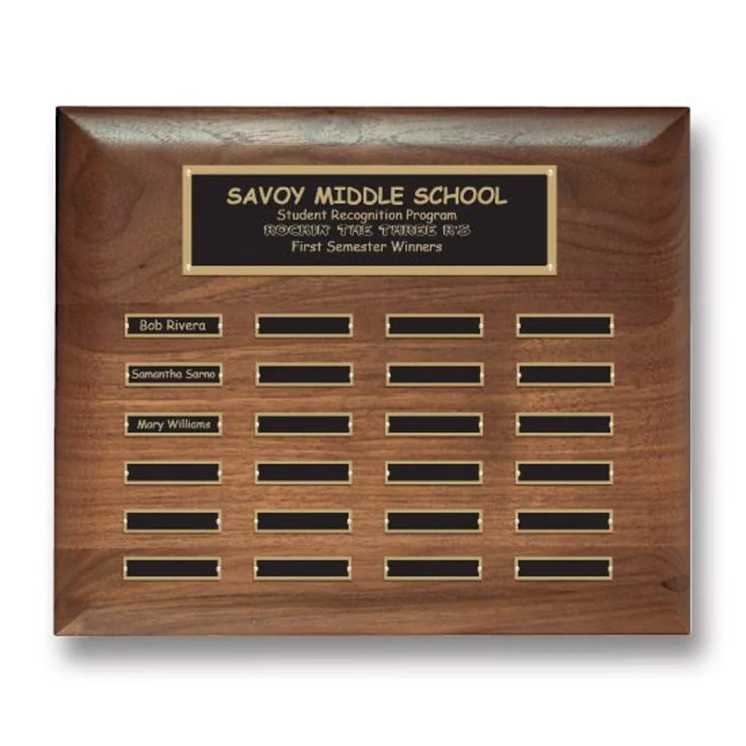 Custom American Walnut Rolled-Edge Perpetual Plaque, Black Brass Plates for employee recognition