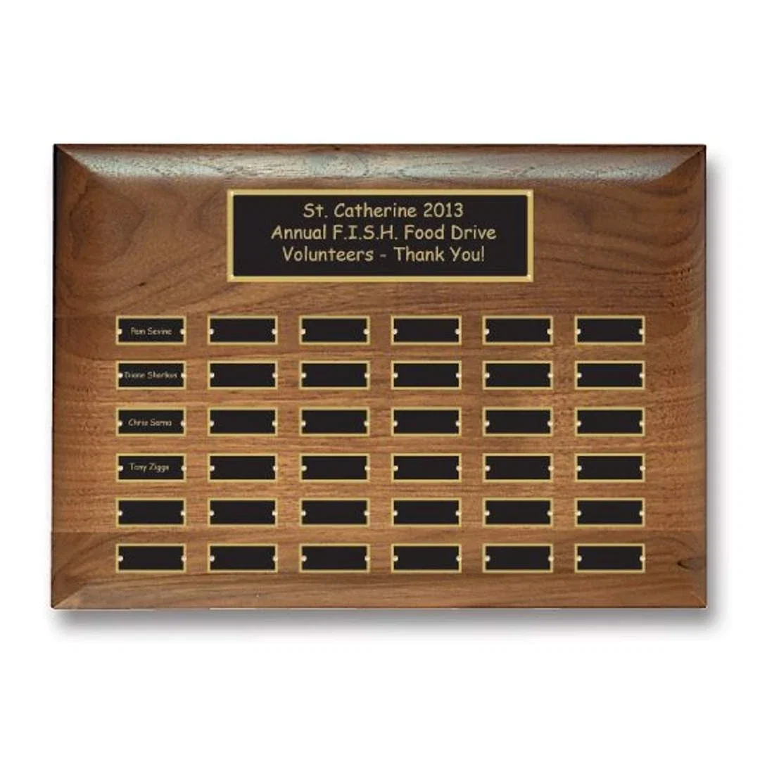 Custom American Walnut Rolled-Edge Perpetual Plaque, Black Brass Plates for corporate award ceremonies